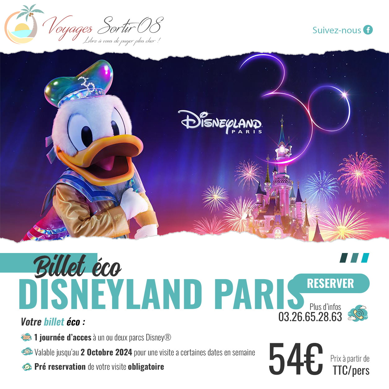 Parc DISNEYLAND PARIS adulte ou enfant - Billet Eco 1 jour 2 parcs - Pas de  E-billet - visite jusqu'au 02/10/2024 - APACE Loisirs